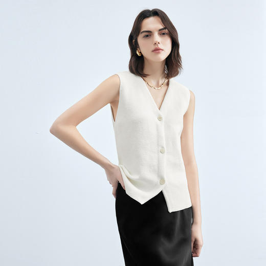 【严选】伊芙丽V领圈圈纱极简休闲白色针织开衫马夹上衣女2024秋装新款1F7933591 商品图2