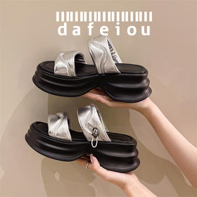 头层羊皮厚底松糕凉拖，百搭防滑一字沙滩鞋MB0018