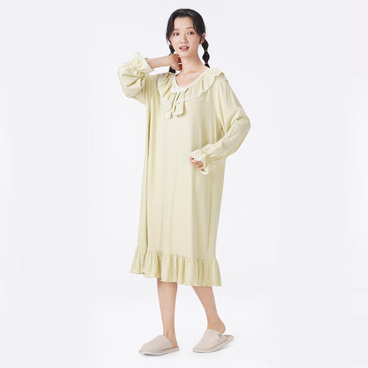 都市丽人睡衣会员精选长袖裙家居服AR牙签条锁目双面薄女士睡裙LHT6G8 商品图2