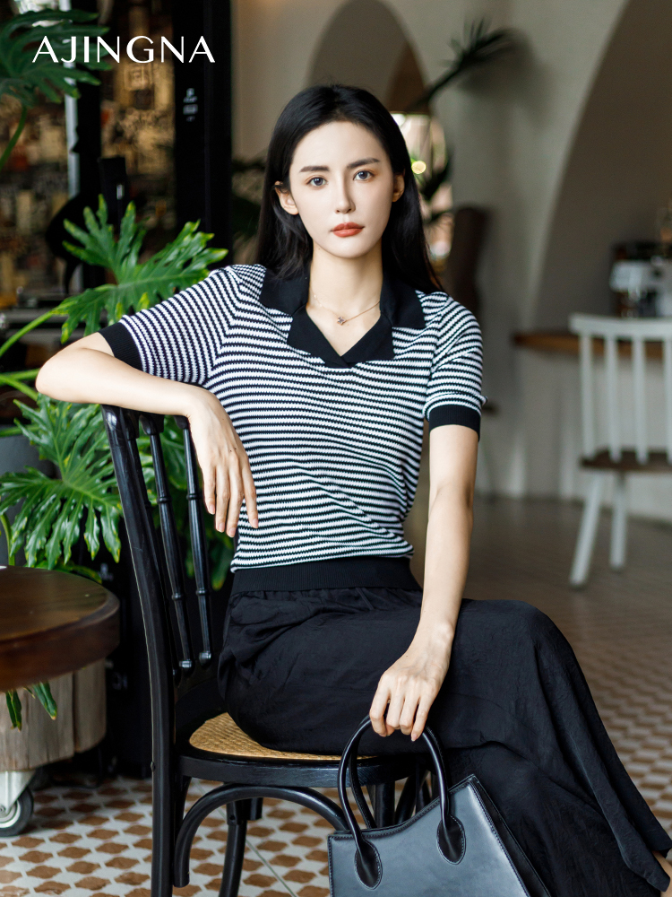 【商场同款】阿菁娜夏季新款简约翻领撞色条纹毛衫A29X301029
