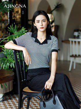 【商场同款】阿菁娜夏季新款简约翻领撞色条纹毛衫A29X301029