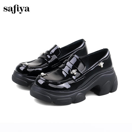 Safiya/索菲娅2024秋学院风漆皮圆头百搭粗跟厚底英伦星钻小皮鞋 SF43112073 商品图8