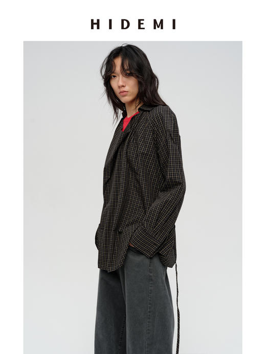 HIDEMI 限定色织格纹极简廓形设计感堆叠感可拆卸腰带式宽松版衬衫 商品图3