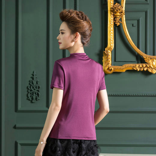 丁摩 纯色百搭真丝上衣女桑蚕丝短袖T恤潮修身针织衫4ZF-F2356 商品图5