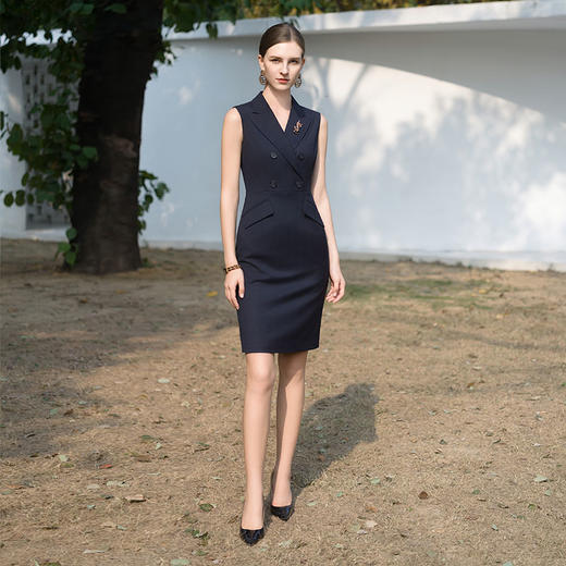 IWY/夏季无袖西装连衣裙女高端藏青色职业装酒店经理正装工作服Q1120 商品图1