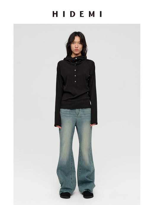 HIDEMI 循环可再生高弹力显瘦坑条连帽T恤长袖上衣帽衫 黑色/艺术灰/自然白 商品图4
