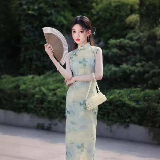 夏款网纱印花无袖改良版绿色修身旗袍SJT676 商品图2