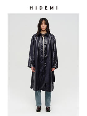HIDEMI 日本进口亮面纸感纤维极简廓形设计感复古翻领式长款风衣