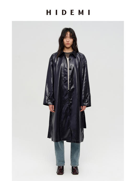 HIDEMI 日本进口亮面纸感纤维极简廓形设计感复古翻领式长款风衣 商品图0