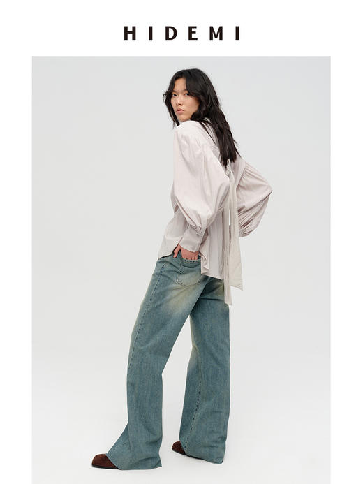 HIDEMI 极简廓形褶皱感立领丝巾绑带多穿式可拆卸腰带微褶衬衫上衣 海鸥灰/古铜砖红 商品图3