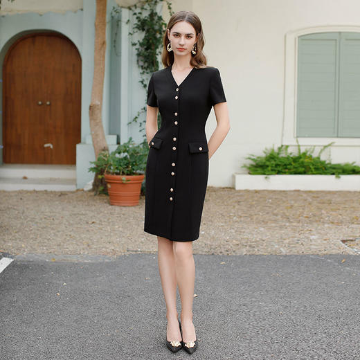 IWY/黑色短袖新款主持人女神范夏季v领气质职业商务通勤连衣裙女Q1089 商品图1