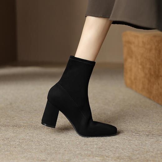 阿么手工女鞋黑色短筒弹力靴2025新款增高显瘦粗跟袜靴秋冬女5CM 商品图1