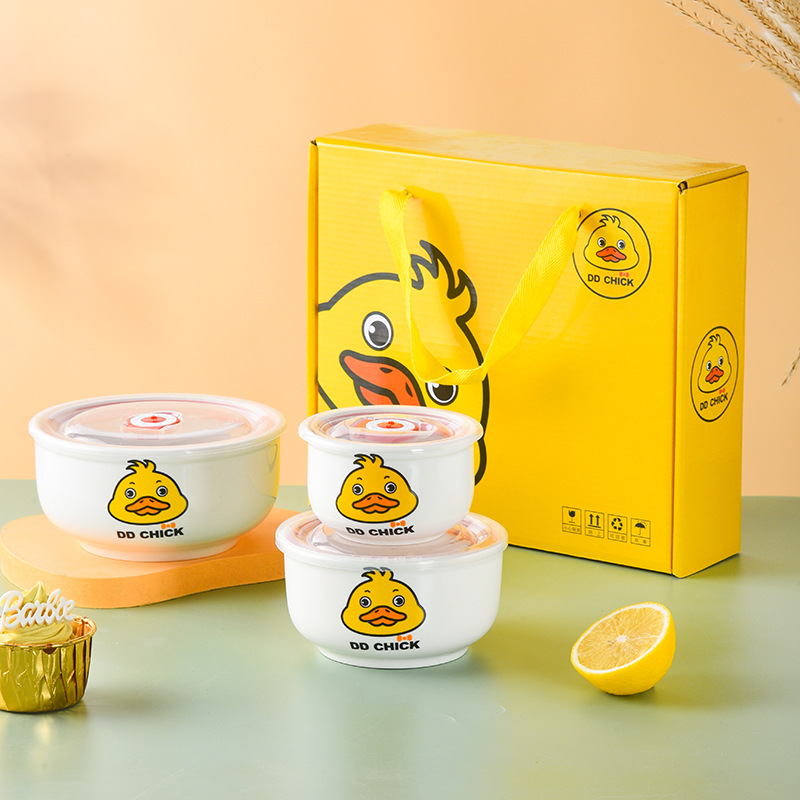 【健康卫生！陶瓷保鲜碗三件套】高温烧制，瓷质细腻，萌趣可爱，增添用餐乐趣！密封碗礼品碗套装微波炉碗保温开学季