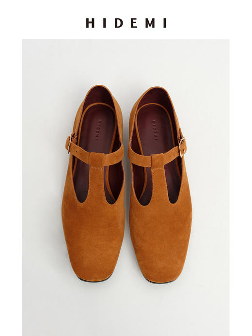 HIDEMI 【董生活同款】进口做旧麂皮复古方圆头宽带玛丽珍平底鞋 复古红/姜黄色/巧克力棕 商品图10