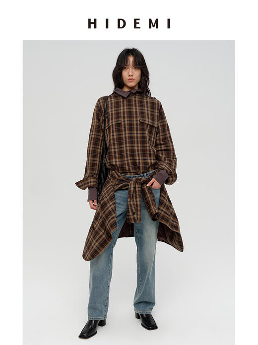 HIDEMI 限定色织格纹极简设计感口袋圆领宽松小男孩衬衫 商品图0