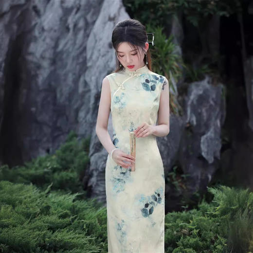 夏款无袖长款浅色国风水墨画修身旗袍SJT675 商品图1