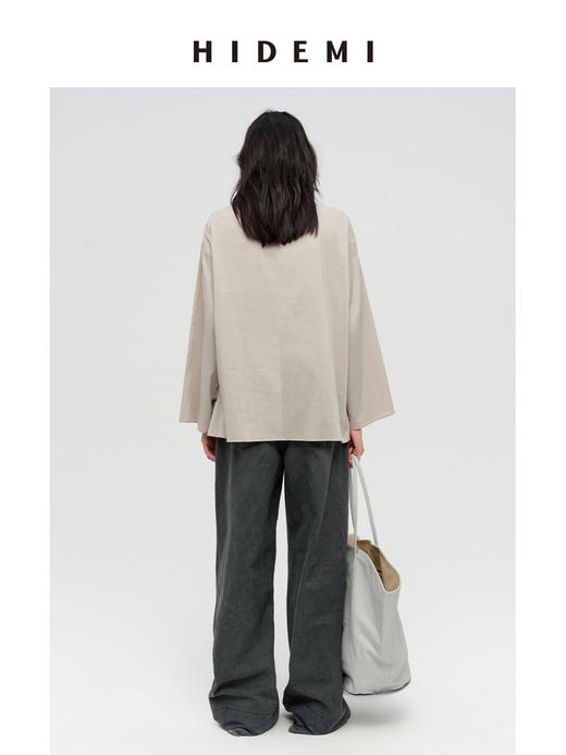 HIDEMI 极简廓形设计感腰部丝巾不对称水洗纯棉衬衫上衣 商品图6
