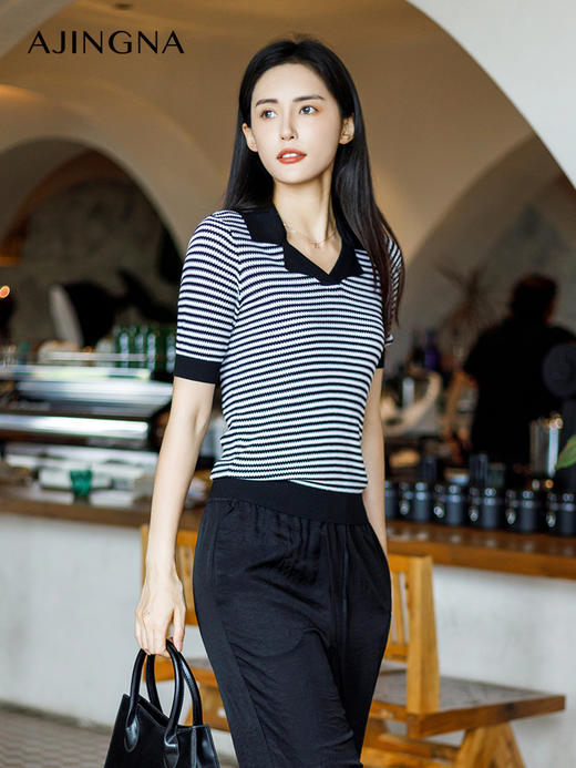 【商场同款】阿菁娜夏季新款简约翻领撞色条纹毛衫A29X301029 商品图3