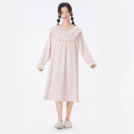 都市丽人睡衣会员精选长袖裙家居服针织色织格提花薄女士棉质睡裙LHT6G9 商品图1