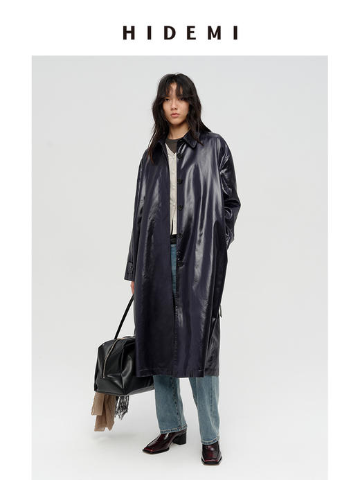 HIDEMI 日本进口亮面纸感纤维极简廓形设计感复古翻领式长款风衣 商品图3