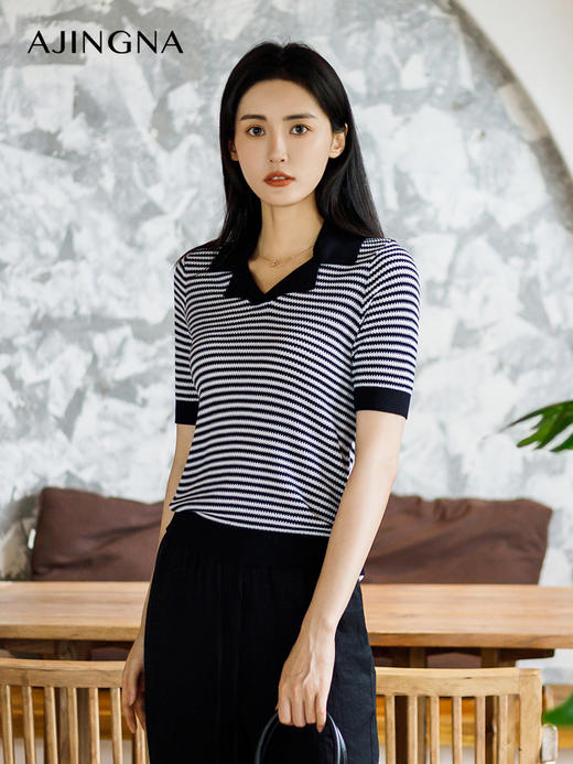 【商场同款】阿菁娜夏季新款简约翻领撞色条纹毛衫A29X301029 商品图1