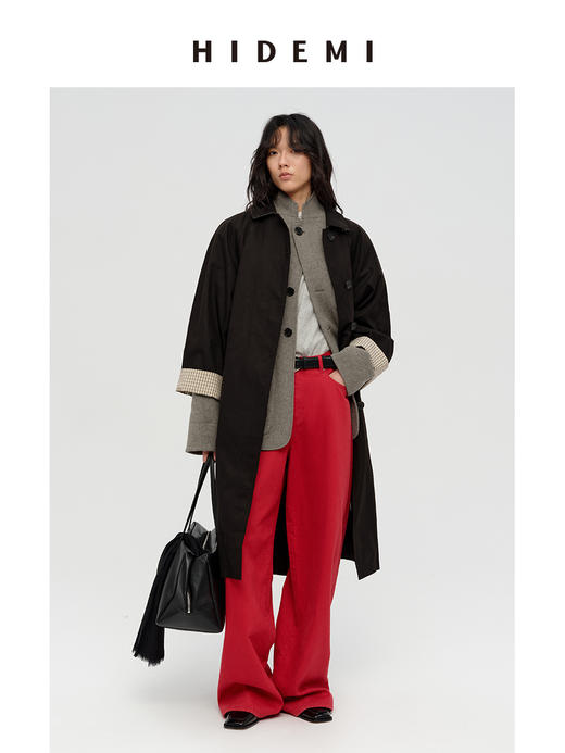 HIDEMI【吴千语同款】极简廓形设计感复古宽肩格纹拼接卷边式长款风衣 黑色/卡其色 商品图5
