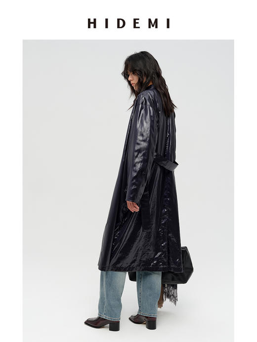 HIDEMI 日本进口亮面纸感纤维极简廓形设计感复古翻领式长款风衣 商品图5