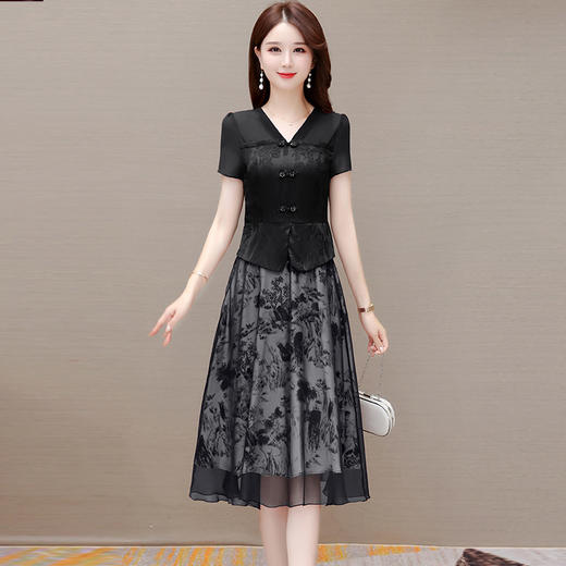 中式复古时尚连衣裙，V领短袖国风优雅假两件裙QYM-CR-YZY23A03-L 商品图1