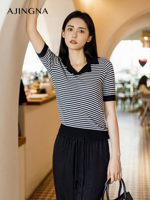 【商场同款】阿菁娜夏季新款简约翻领撞色条纹毛衫A29X301029 商品图2