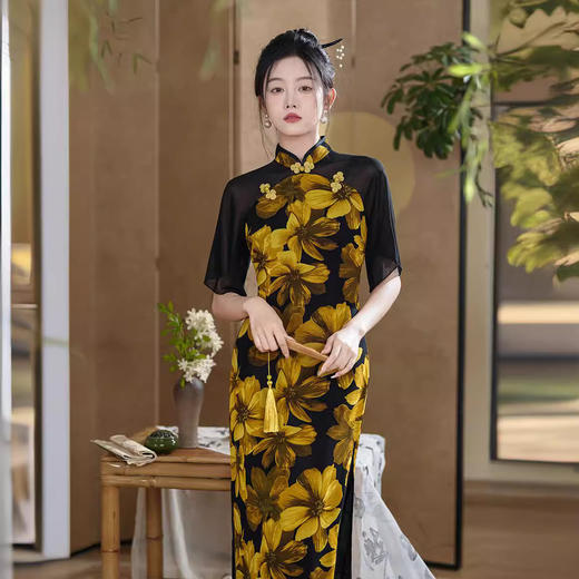 改良旗袍日常国风，修身大袖新中式长款轻薄连衣裙XL-1003 商品图2