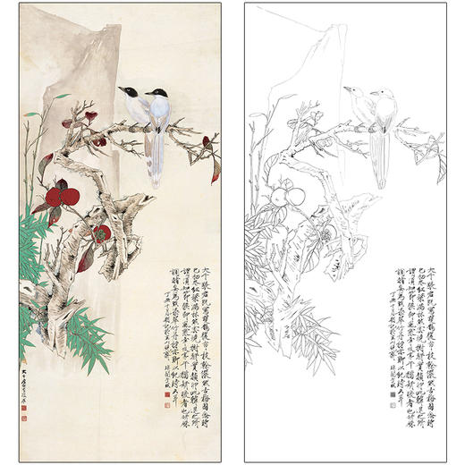 于非闇花鸟工笔画白描底稿《秋英双雀》临摹勾线高清打印稿HS38 商品图0