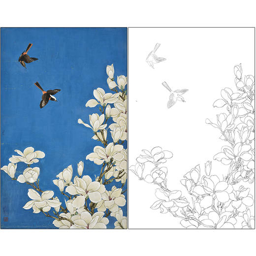于非闇花鸟工笔画白描底稿《玉兰双雀》临摹勾线高清打印稿HS35 商品图0