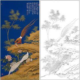 于非闇花鸟工笔画白描底稿《锦鸡青竹图》临摹勾线高清打印稿HS25