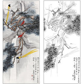 于非闇花鸟工笔画白描底稿《松溪双寿》临摹勾线高清打印稿HS06