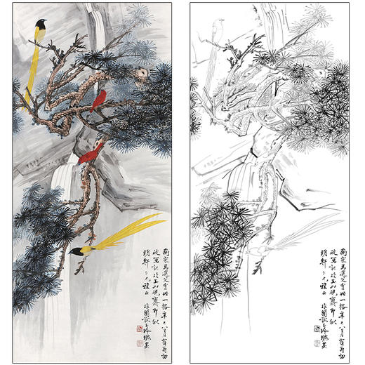 于非闇花鸟工笔画白描底稿《松溪双寿》临摹勾线高清打印稿HS06 商品图0