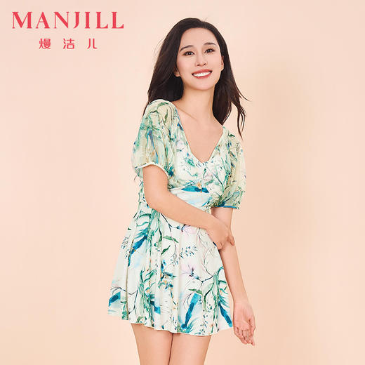 【商场同款】熳洁儿 女士连体泳衣碎花网纱拼接遮肉显瘦夏季游泳性感V领24206311 商品图0