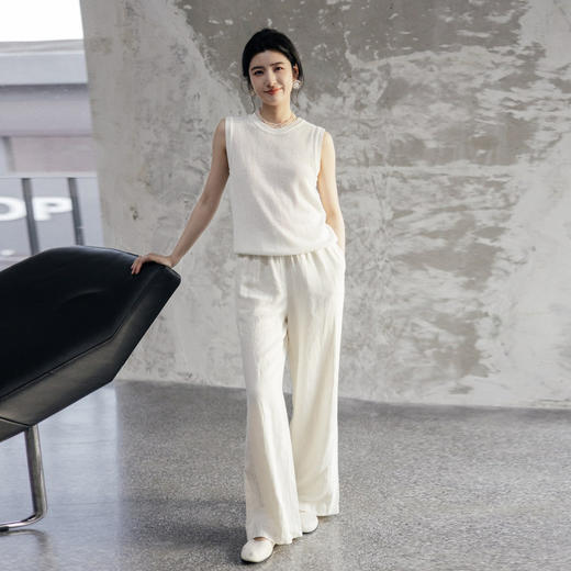 绽放旅行女装486朵【黑白灰系列】亚麻汉麻宽松直筒微阔拼缝长裤 商品图2