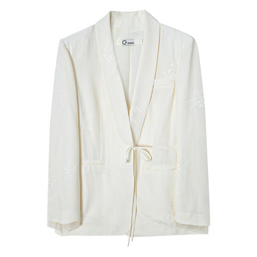 西嘉简约国风套装|人丝羊毛提花青果领细带西装+双腰带袢系带阔腿裤 商品图4