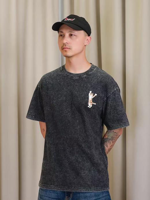 Mood Like Me/MTX2441/洗水做旧猫咪刺绣小标圆领T恤 商品图0