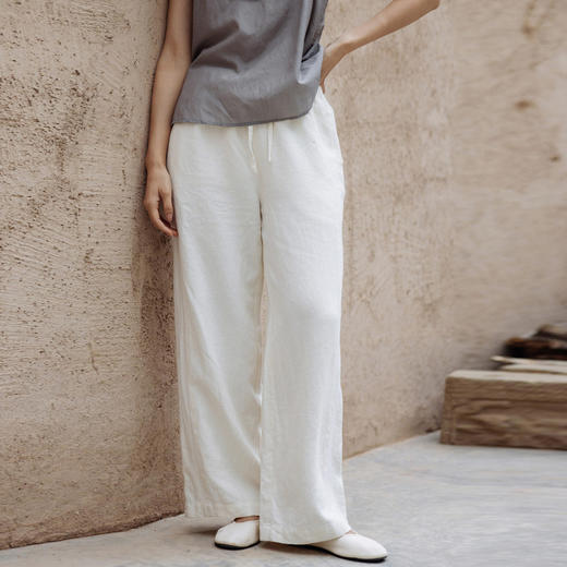 绽放旅行女装486朵【黑白灰系列】亚麻汉麻宽松直筒微阔拼缝长裤 商品图0