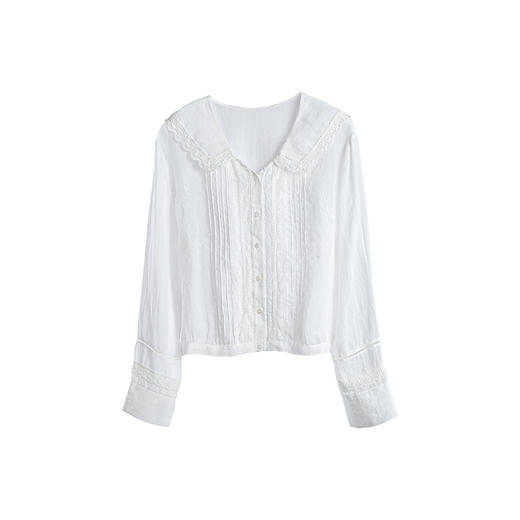 绽放旅行女装502【黑白灰系列】古典法式花边刺绣方领长袖衬衫 商品图4