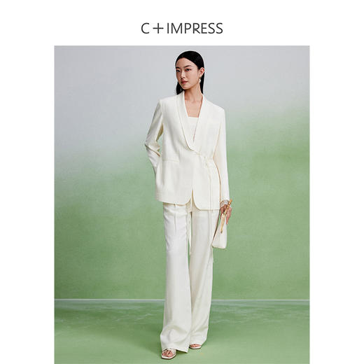 西嘉简约国风套装|人丝羊毛提花青果领细带西装+双腰带袢系带阔腿裤 商品图2