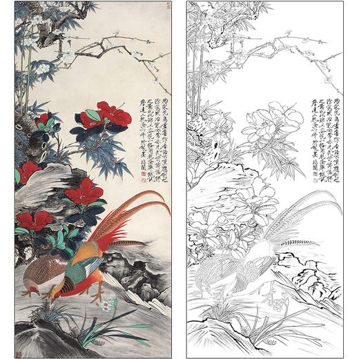 于非闇工笔画白描底稿《锦上添花》锦鸡临摹勾线高清打印稿HS04 商品图0