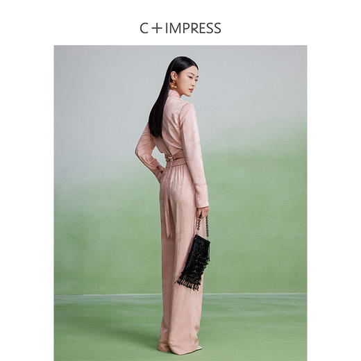 西嘉王炸设计 鎏光感全人丝提花新中式套装女围裹式衬衫直筒西裤 商品图2