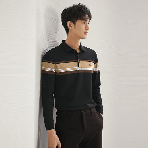 【不变形领】柒牌条纹长袖Polo衫男2024秋季新款休闲百搭翻领上衣	127T70390 商品图1