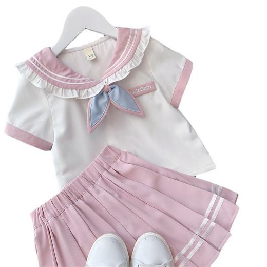 【女童学院风韩版洋气两件套】夏季套装儿童学院风时髦花边领蝴蝶结上衣短裙 商品图4