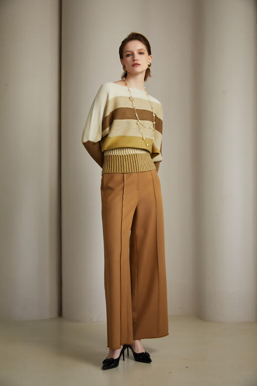 SAFICOO 优雅女人一字领撞色条纹设计毛织衫 商品图1