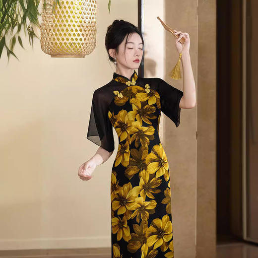 改良旗袍日常国风，修身大袖新中式长款轻薄连衣裙XL-1003 商品图4
