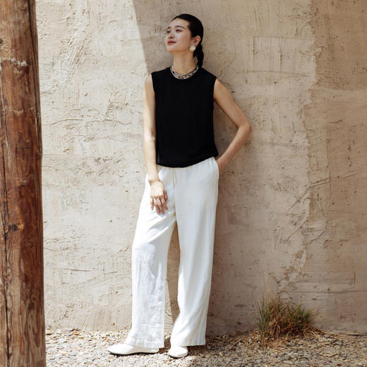 绽放旅行女装486朵【黑白灰系列】亚麻汉麻宽松直筒微阔拼缝长裤 商品图1