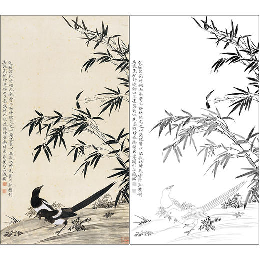 于非闇花鸟工笔画白描底稿《墨竹双鹊》临摹勾线高清打印稿HS27 商品图0